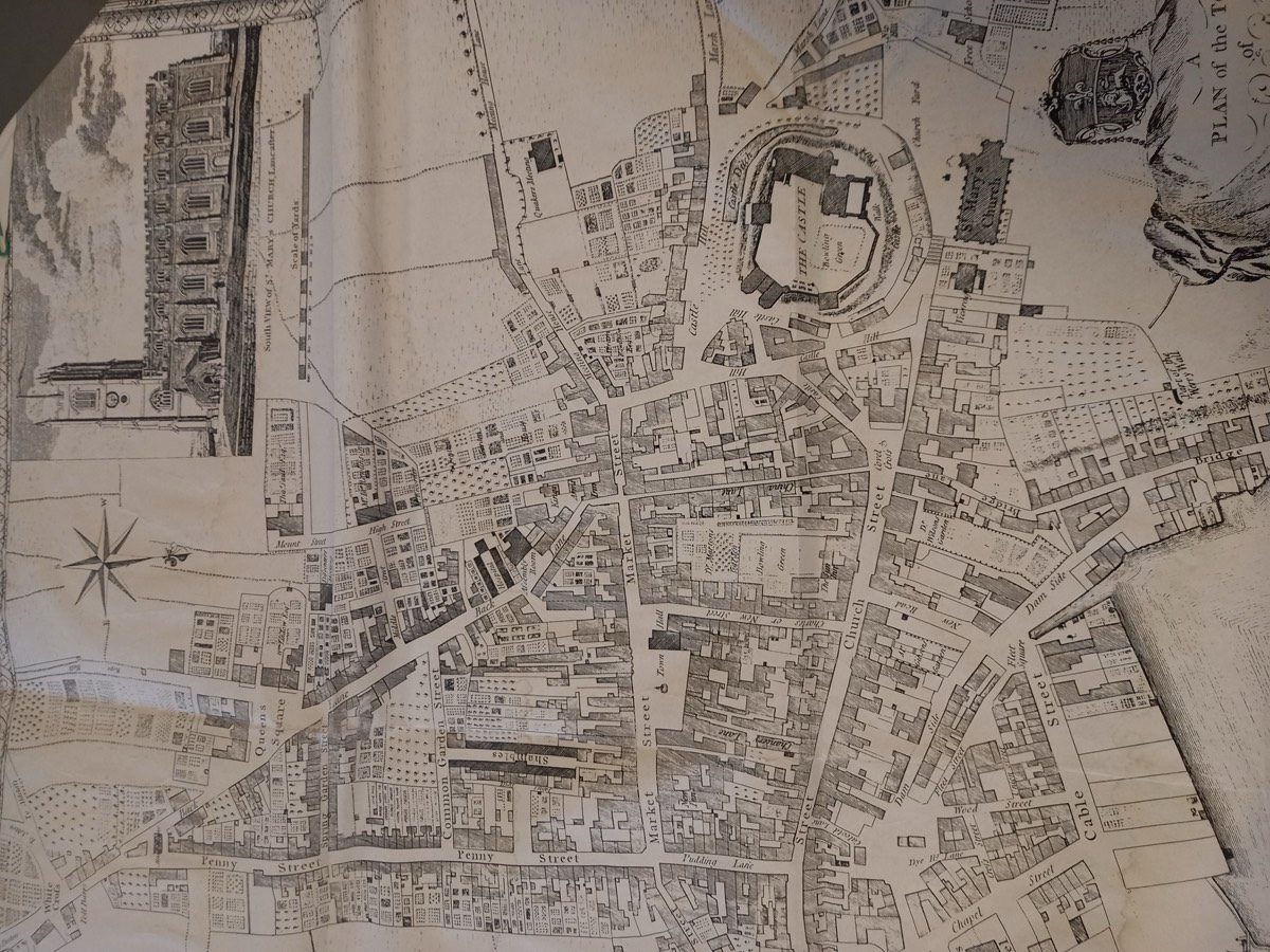 Historic map of Lancaster showing early bowling green locations